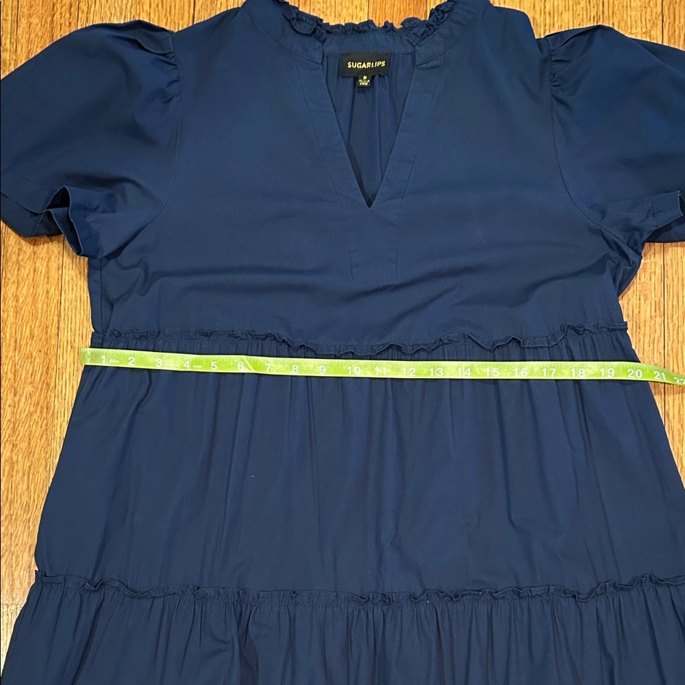 Navy Tiered Ruffle Neck Short Sleeve Dress Size Medium - Picture 15 of 16